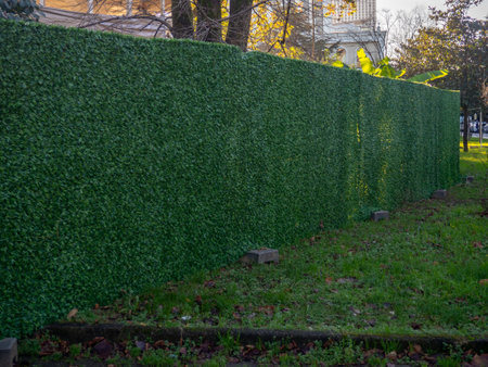 Green fence around a construction site. Decorative grass on the fence. Artificial grass. Green wallの写真素材