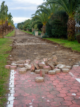 Reconstruction of the bike path. Replacing tiles on a bike path among palm trees. Infrastructure of the resort town.の写真素材