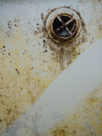 Contrast between clean and dirty. Mold and plaque on bathroom enamel. Dirt and infection. Needs cleaning. Mud cleaning concept. Yellow plaque.の写真素材