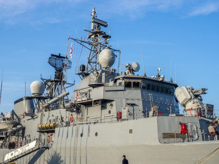 Close-up of a military patrol ship. Decks and weapons. Gray color. Fleet exercisesの写真素材