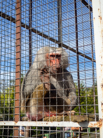 Baboon in a cage. Local zoo. Concept of an animal in captivity. The animal is sitting. Primateの写真素材