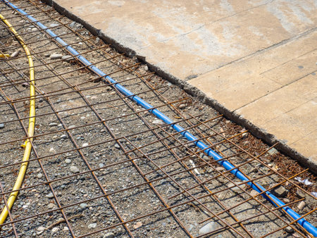 road repair. Reinforcement mesh. Before pouring concrete. Installation of communications. Repairs in the parkの写真素材