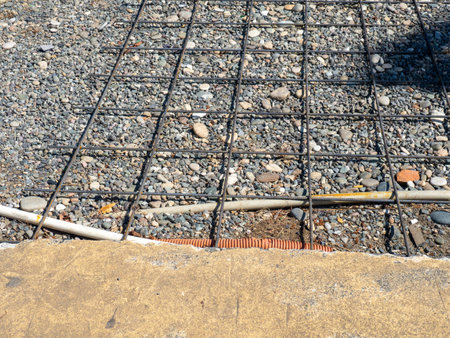 road repair. Reinforcement mesh. Before pouring concrete. Installation of communications. Repairs in the parkの写真素材