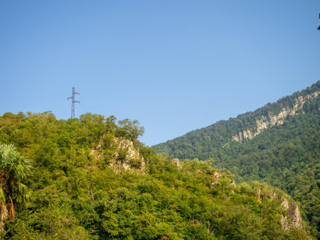Mountainous Adjara. Wires in the mountains. Landscapes of the Caucasus. Green hillsの写真素材