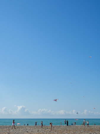 Batumi, Georgia. 07.29.2024 Kite Festival. Preparing to launch a kite. Entertainment and hobbies. Windy weather. Resort coastの写真素材