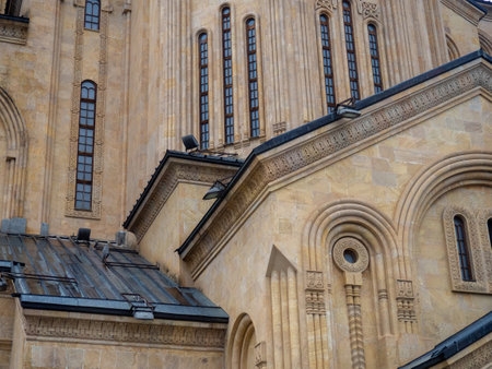 Holy Trinity Cathedral in Tbilisi. Parts of the building. Religious building. Georgian church. Beautiful architecture. Walls of the cathedralの写真素材