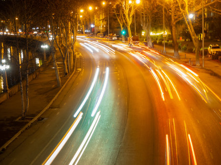 Blurred lights. View of the road from above. Tbilisi at night. Night cityscape. Road and lights.の写真素材