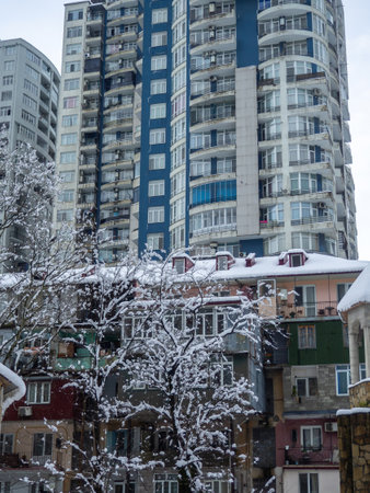 Snow-covered streets of the city on the Black Sea coast. Snowdrifts on the streets of Batumi. Architectureの写真素材
