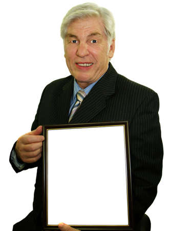 Senior male with his certificate for you to fillの写真素材