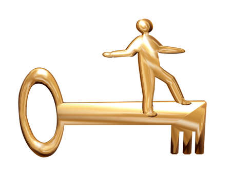 Golden man on a golden key metaphor for successの写真素材