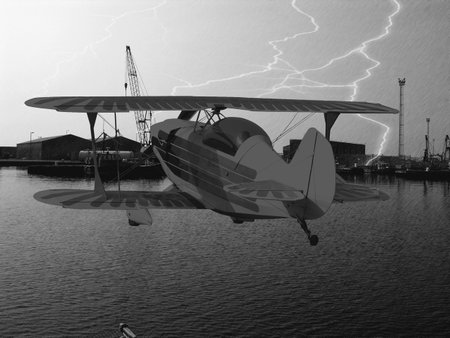 Lightning strike in a dockyard with a biplane flying          