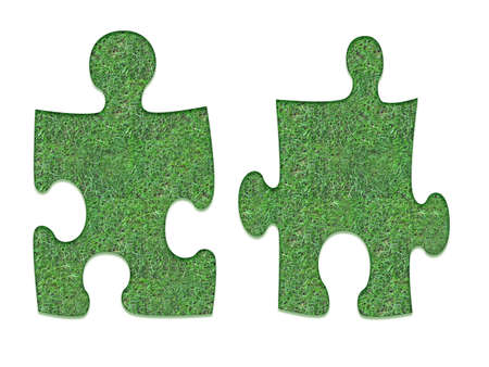 Puzzle people in a green garden settingの写真素材