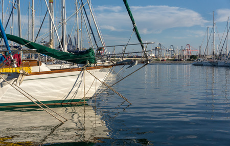 Prow of a sailing boat in the valencia harborのeditorial素材