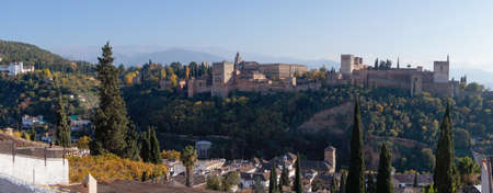 Alhambra Palace in Granada, Spain. Sierra Nevada mountains at the backgroundのeditorial素材