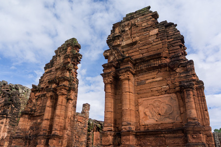Entrance door to the church - San Ignacio - Mini mission Jesuits ruins, Misiones Argentinaの写真素材