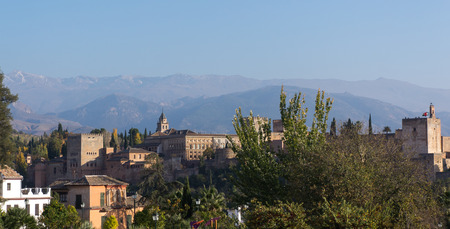 Alhambra Granada, Spain. Sierra Nevada mountains at the background, panoramic views from a viewpointの写真素材