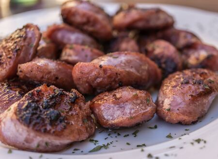 Grilled sausages from Aragon Teruel Spain, Cut into pieces, typical tapas dish. Extreme Close-upの写真素材