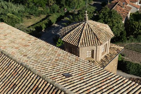 Shingle roof tile of chapel and Church of San Esteban built in the 18th century in the village of Loarre Aragon Huesca Spain, Loarre Castleの写真素材