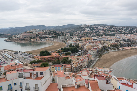 Panoramic view of the village from the castle the two beaches in Peniscola, Castellon Spainの写真素材