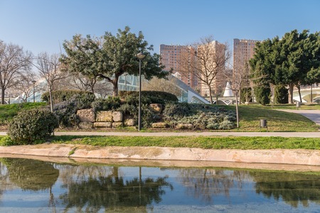 Gardens in the old dry riverbed of the Turia river in Valencia, water reflection. Beautiful landscape leisure and sport area with trees, grass and water mirror, Spainの写真素材