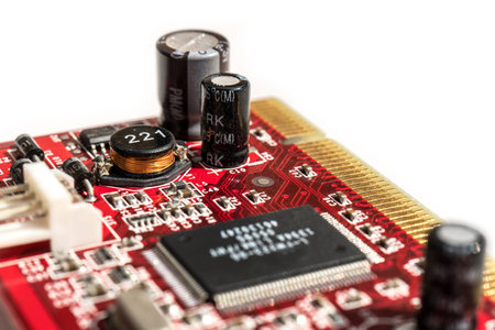 Circuit board with condenser and microchips closeup electronic, copper cables, macro white...