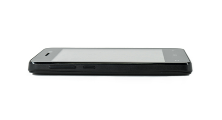 Black smartphone side perspective cell phone, mobile phone isolated on white backgroundの写真素材