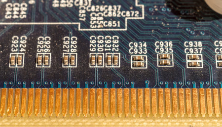 Circuit board close-up blue texture back with connectors