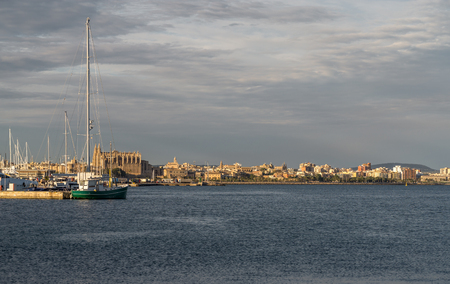 Palma de Mallorca Cathedral from the coast. Panoramic skyline Balearic islands of Spainの写真素材