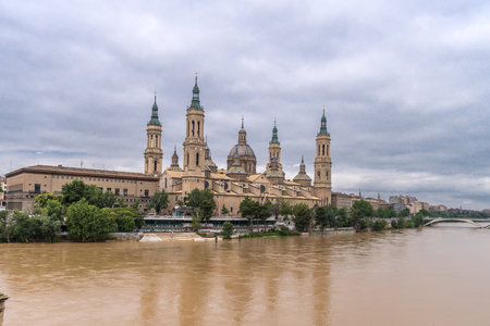 Basilica Cathedral Pilar Zaragoza Aragon Spain, water reflection Ebro riverの写真素材