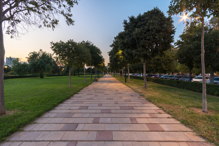 landscape of Turia River gardens Jardin del Turia, leisure and sport area in Valencia, Spain. wide angle, lights lighting, night view panorama.の写真素材
