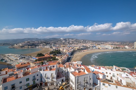 Peniscola port, city from castle Papa Luna, Mediterranean Sea View of the two beaches Costa del Azahar, Spainの写真素材