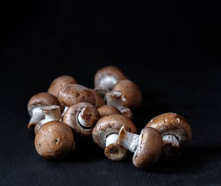 portobello mushroom champignon isolated on a black background with copy space raw vegan foodの写真素材