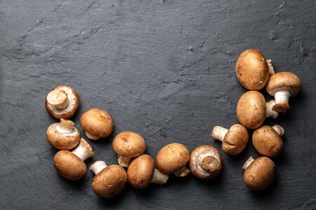 portobello mushroom champignon isolated on a black background Top view with copy spaceの写真素材