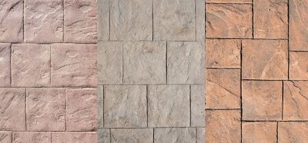 Stamped concrete pavement for exterior floor, compositions with many designs decorative appearance of paved slate stone tile printed on cementの写真素材