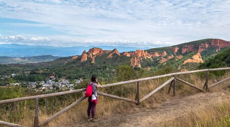 Las Medulas Roman gold mining woman traveler landscape photography, El Bierzo Leon Spainの写真素材