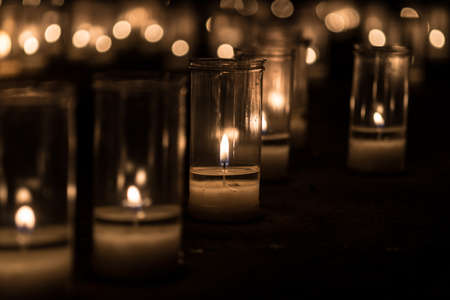 Titaguas village, streets illuminated by candles drawing shapes on the night of the candles celebration local july festival at Valencia Spainの写真素材