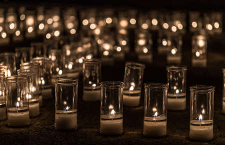 Titaguas village, streets illuminated by candles drawing shapes on the night of the candles celebration local july festival at Valencia Spainの写真素材
