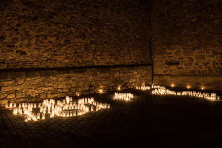 Titaguas village, streets illuminated by candles drawing shapes on the night of the candles celebration local july festival at Valencia Spainの写真素材