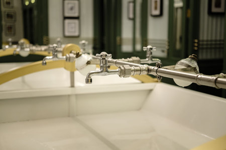 faucet and vintage toiletries marble sink public bathroomの写真素材