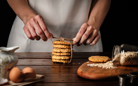 homemade oatmeal cookies, stacked on wooden table, natural ingredients, hands tying them with ropeの写真素材
