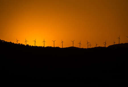 Windmill farm renewable energies wind environment sustainable economy long shot skyline sunset solar energyの写真素材