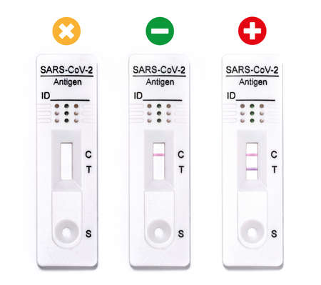 COVID-19 rapid test antigens null, negative and positive results reagent based on immunochromatography of antibodies to detect infectionsの写真素材