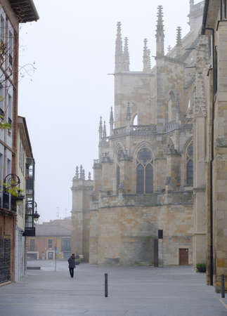Gothic Cathedral of Leon, Castilla Leon, Spain back of the building on a foggy dayの写真素材