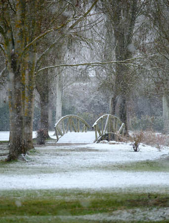Candamia park snowy day in winter Wooden bridge, city of Leon Spain, garden area on the banks of the Torio riverの写真素材