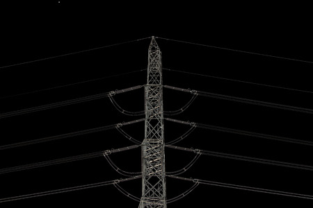 High voltage transmission lines isolated on black backgroundの写真素材