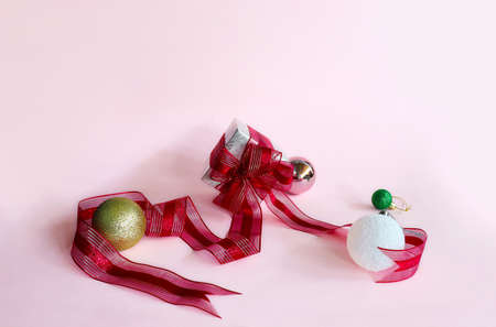 Silver gift box and Red ribbon on Pink background.の写真素材