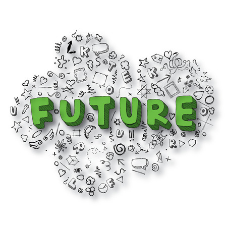 A stylized cloud made up of sketches and the word future in the centerのイラスト素材