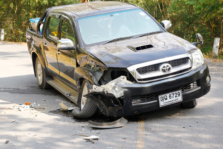 pickup accident on road,car accident in national park ,Thailand on 1 January 2015のeditorial素材