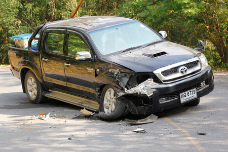 pickup accident on road,car accident in national park ,Thailand on 1 January 2015のeditorial素材