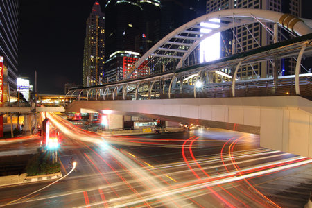 BANGKOK, THAILAND -JUNE 8, 2015 : Night light at Chong Nonsi skywalk for transit between sky train on JUNE 8, 2015 in Bangkok , Thailand.のeditorial素材